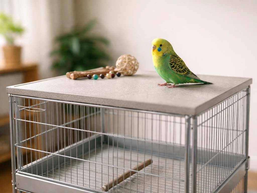 Beginner bird setup showing a small bird on a cage with a flat upper surface perch platform.