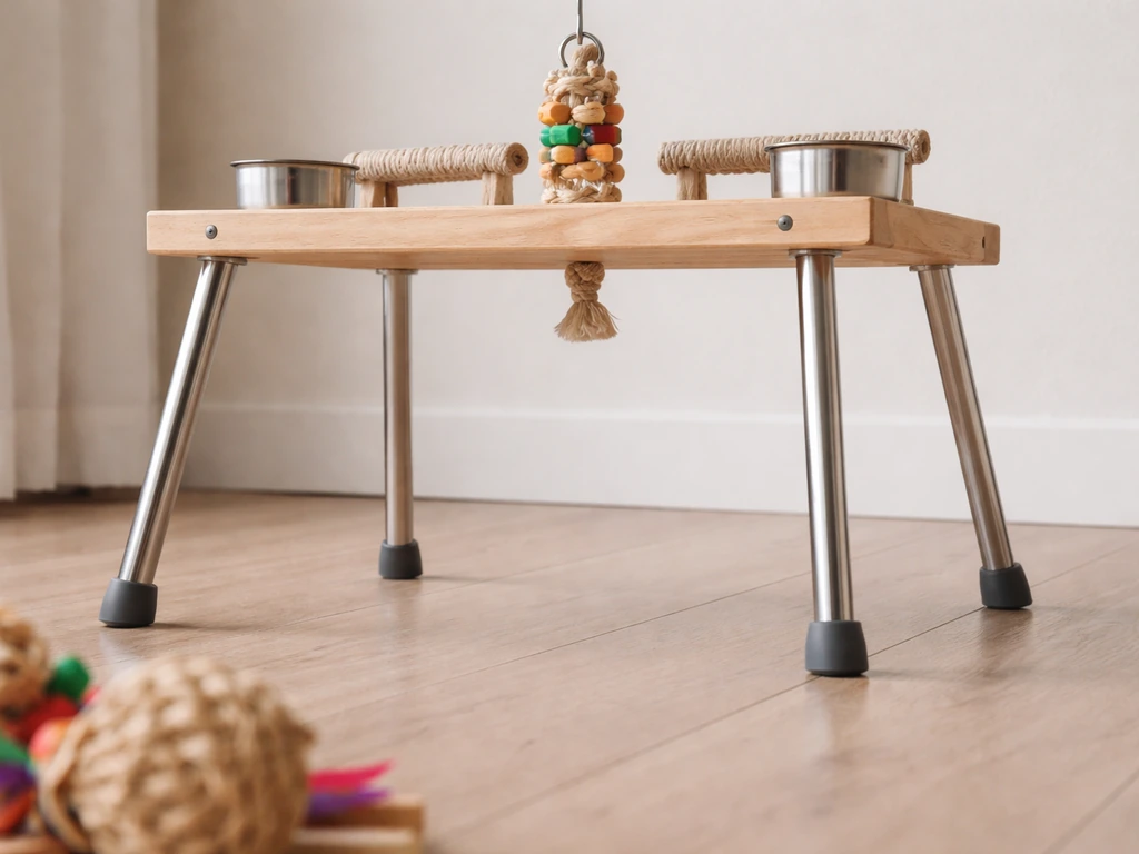 Stable bird table perch with level, wobble-free feet on a smooth indoor floor.