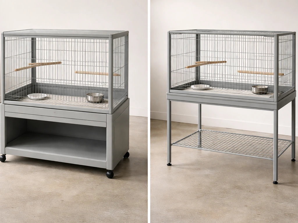 Side-by-side view of an integrated stand flat-top cage and a standalone flat-top table for birds.