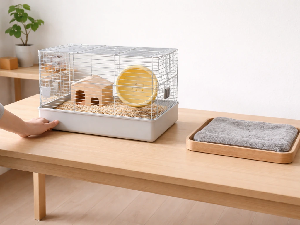 Small pet cage centered on a flat table with a nearby soft perch area, legs not overhanging.