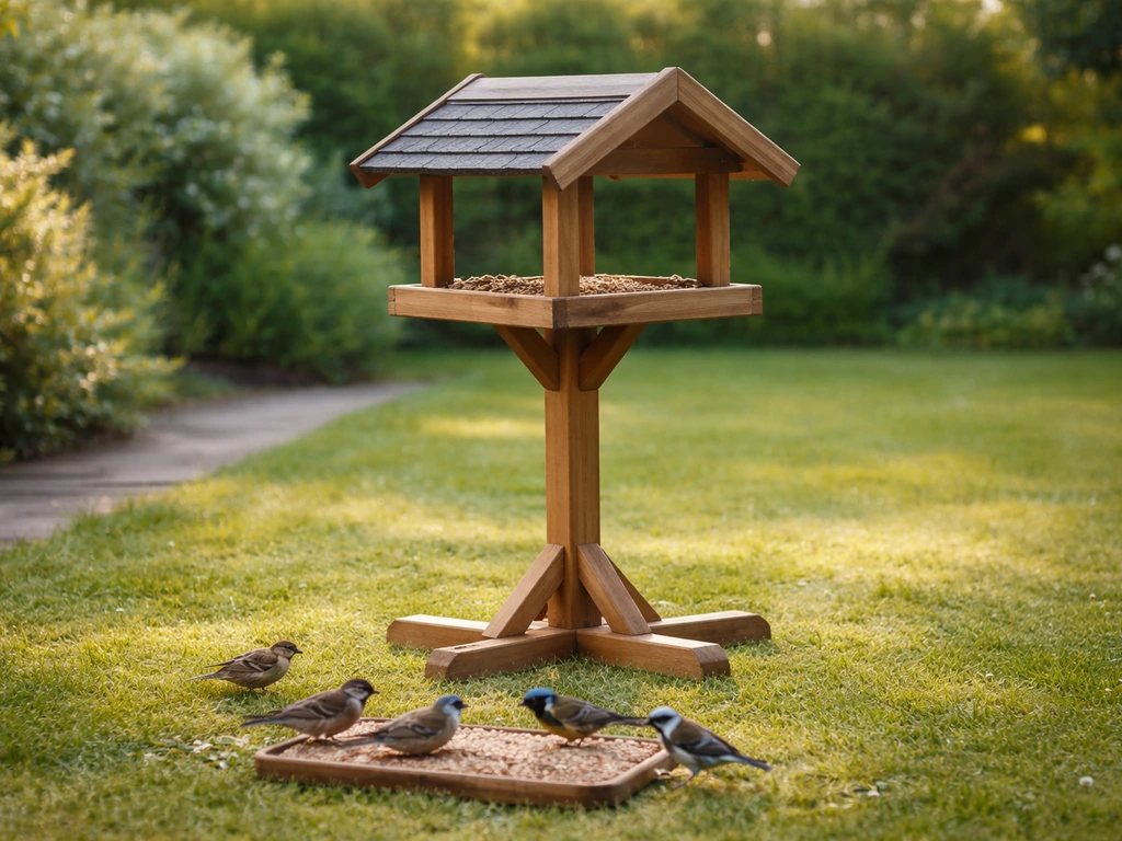 Outdoor bird table with a roof in a bright UK garden, wild birds feeding safely in the foreground.