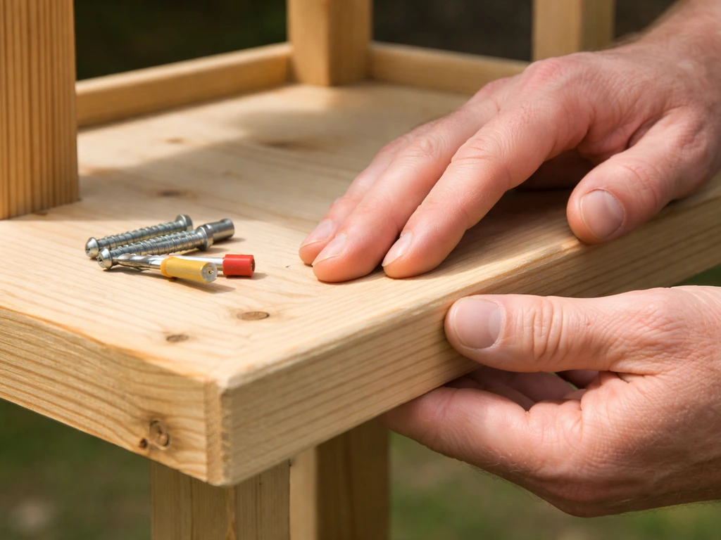 Adult hands inspect a wooden bird table edge for splinters, capped screws, and exposed wire ends.