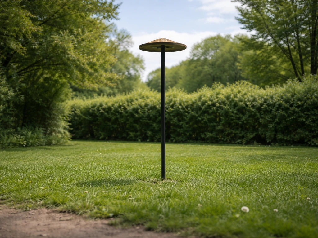 Garden bird table mounted 5–6 feet up on a pole, with open yard space and dense hedge in background.