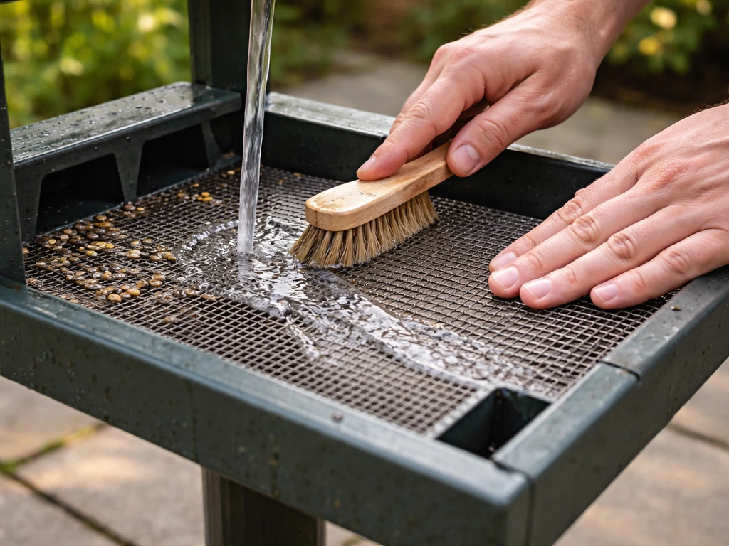Close-up of a bird feeding table being brushed and rinsed clean before fresh food.