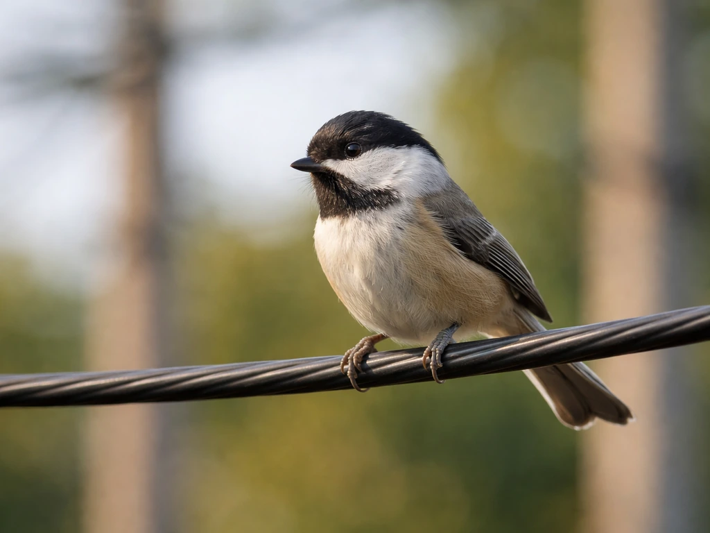 Small bird perched on an insulated electric wire with both feet on the same conductor.