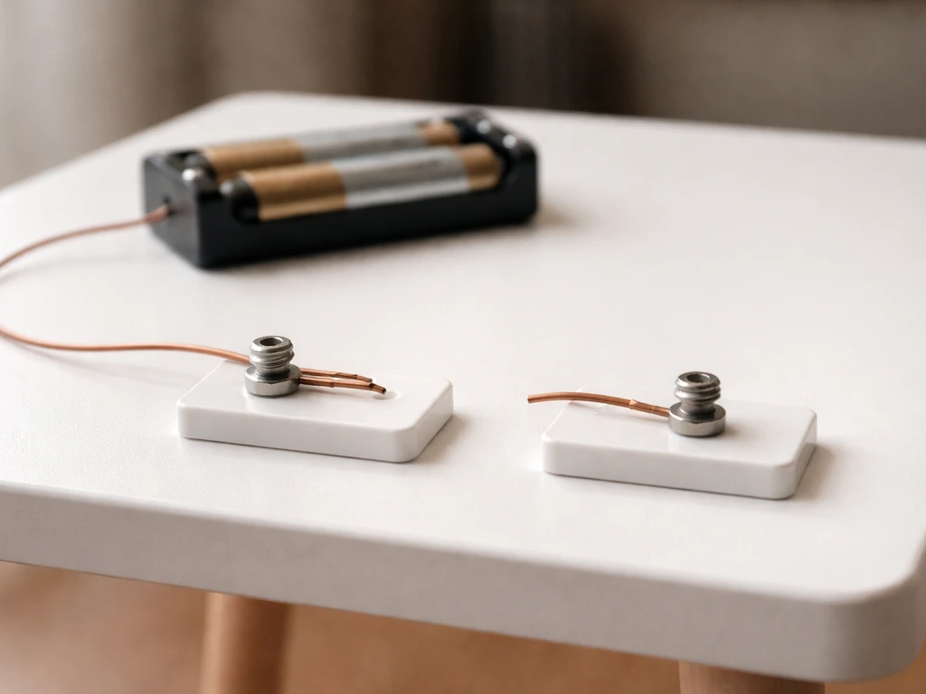 Metal contacts separated by a gap with a copper wire not bridging, showing an incomplete circuit path.