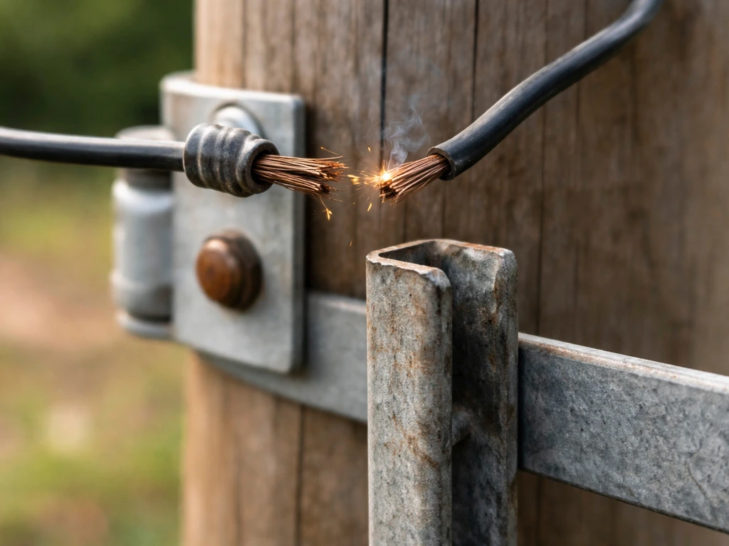 Close-up of a frayed electrical wire sparking near a grounded metal surface, showing dangerous contact risk.