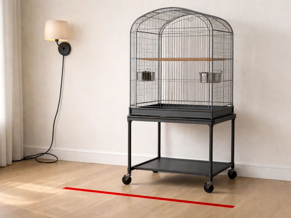Pet bird cage on the floor with a metal stand, a lamp nearby, and a red unsafe tape zone.