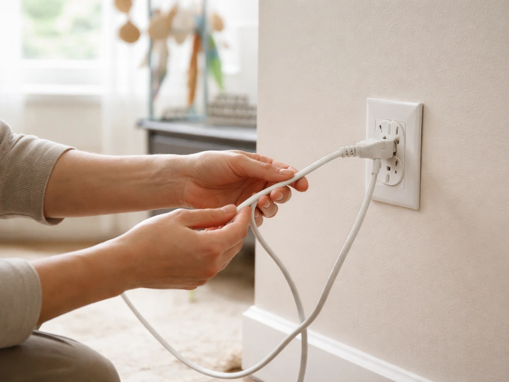 Caregiver gently examines an electrical cord for chew marks and frayed insulation near a bird play area.