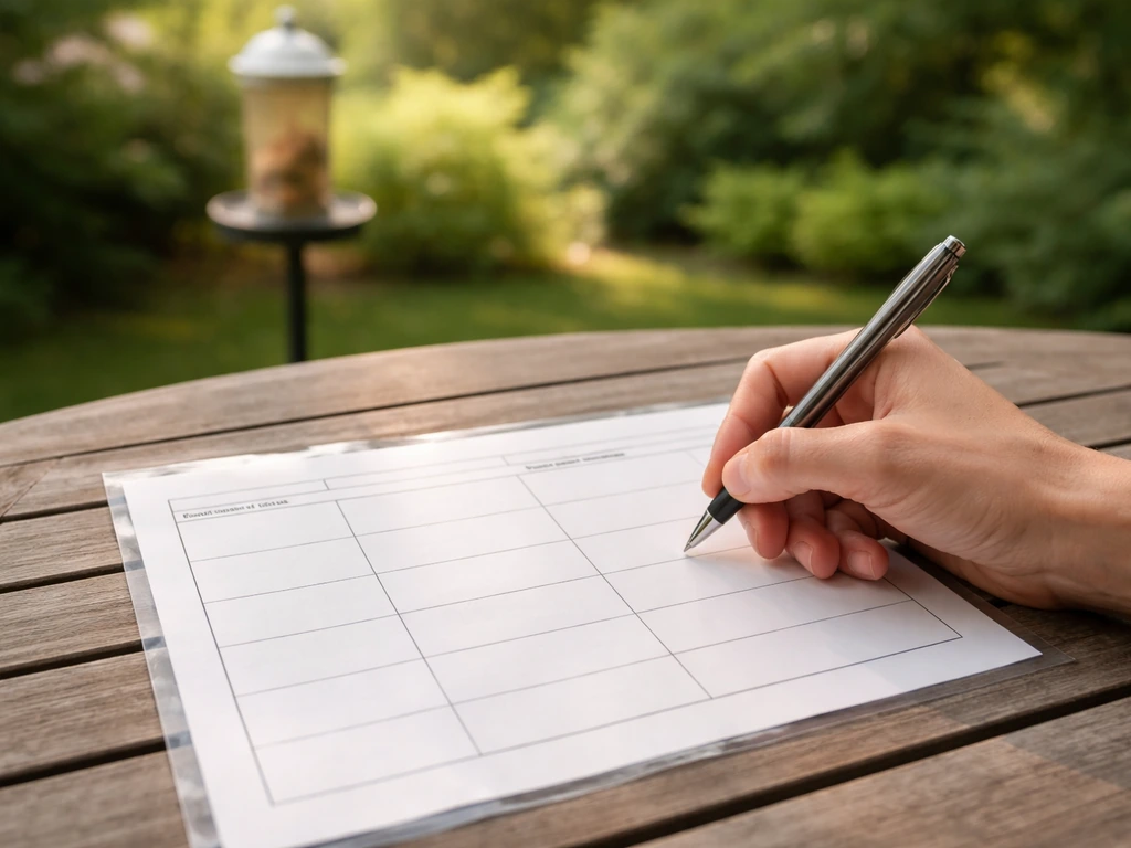 Outdoor table with a blank laminated garden bird checklist sheet being filled in with a pen.