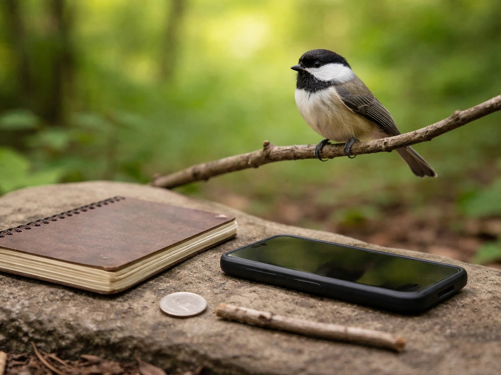 Sparrow-sized songbird perched outdoors beside a twig and notebook checklist for field ID
