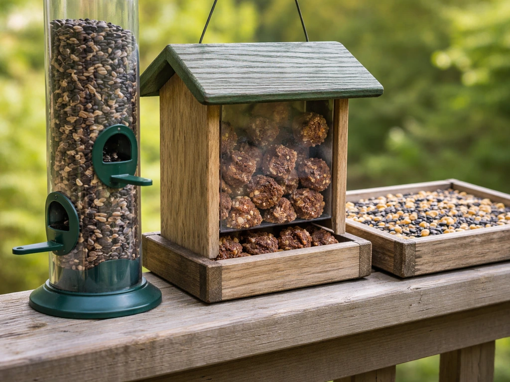 Three bird feeders side-by-side: tube feeder with sunflower seeds, hopper suet feeder, and a platform feeder with seed m