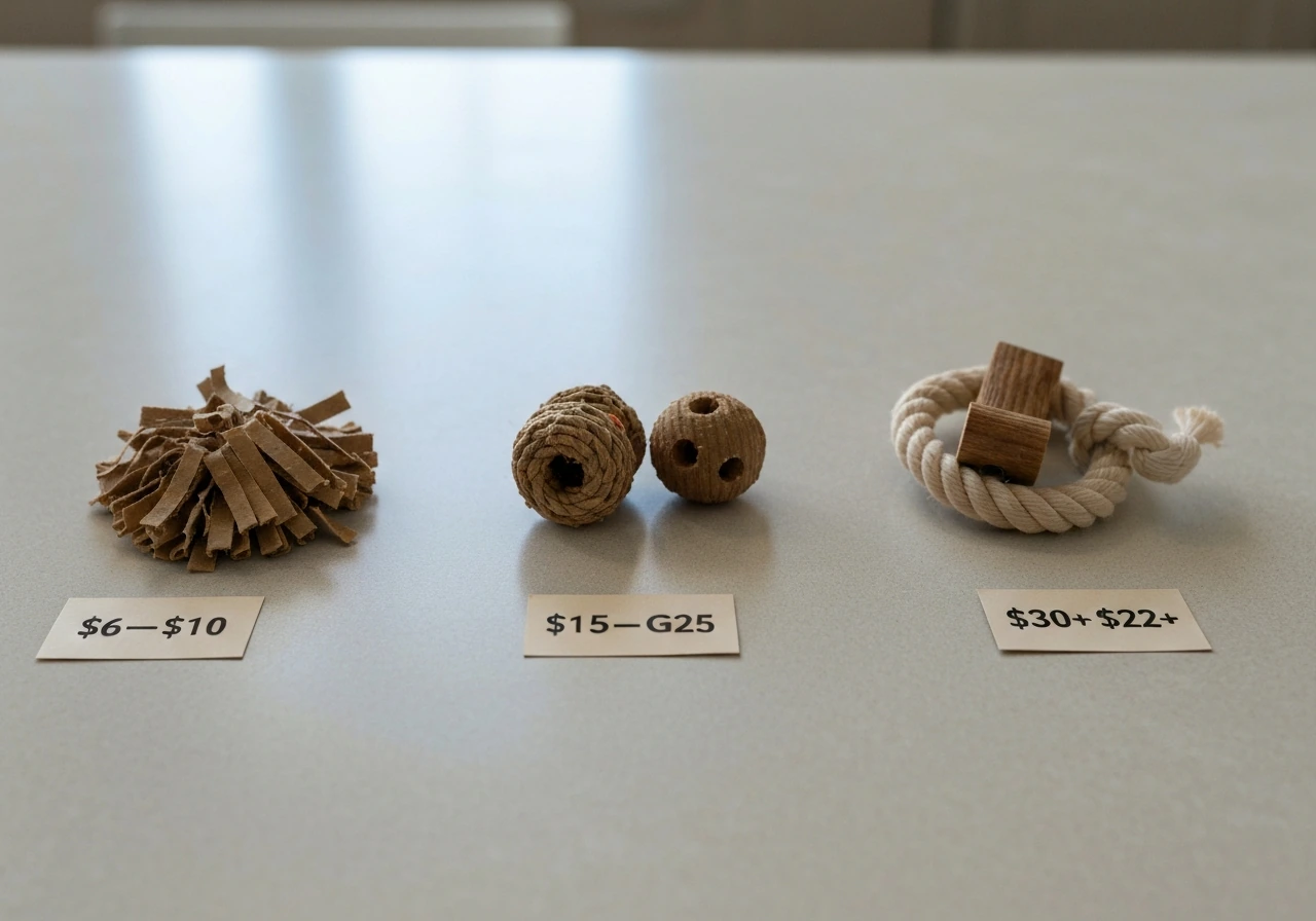 Minimal tabletop scene with three clusters of bird toys and price tags showing typical price ranges.