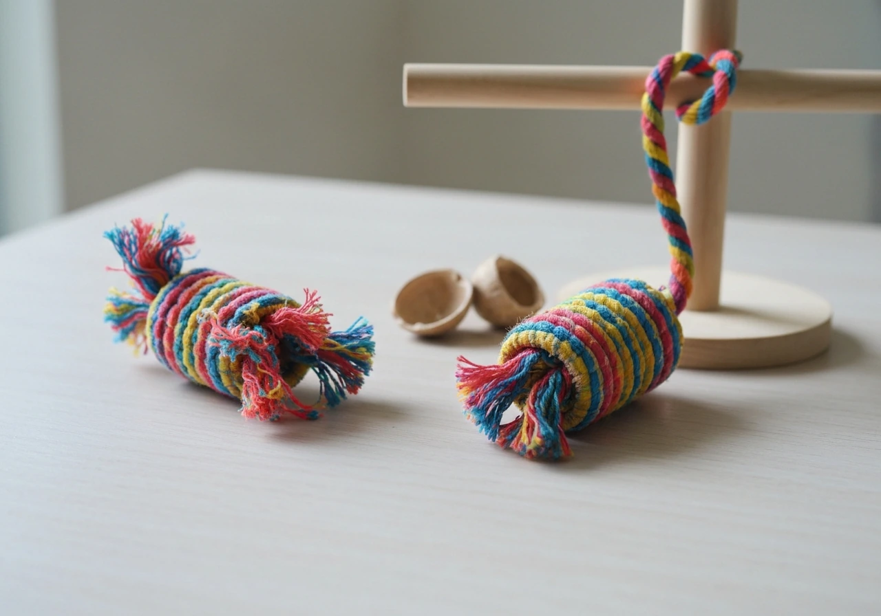 Split view of a shredded bird toy next to a newer intact toy on a simple tabletop perch.