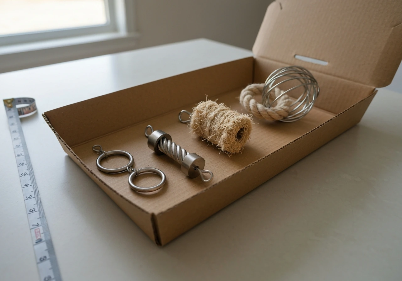 Close-up of bird toys in different sizes and materials on a tray, with a tape measure edge visible.