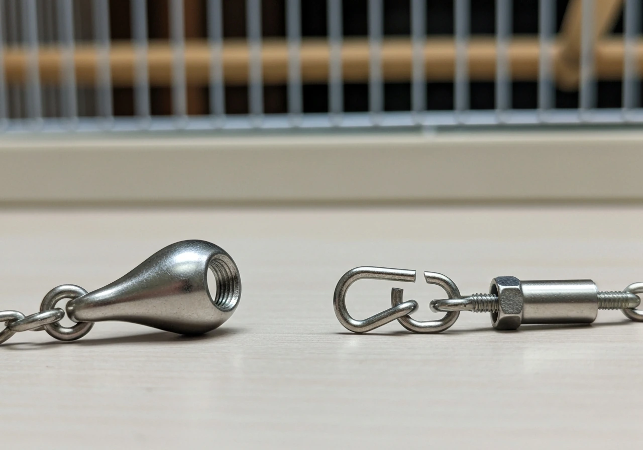 Close-up showing a secure stainless steel quick-link next to a flimsy loose C-clip on a toy chain.