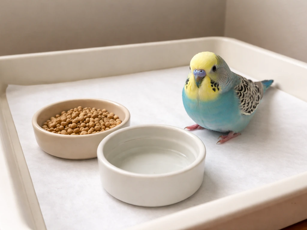 Small green budgie perched beside a simple paper liner and a pellet dish with a water bowl.