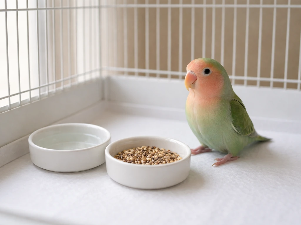 Small lovebird/parrotlet on a clean, paper-lined cage tray with simple water and seed dishes.