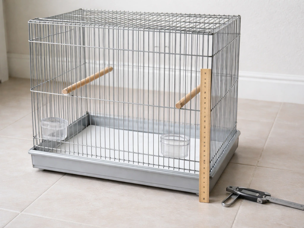 Small bird cage on wipeable tile floor with measuring tools near the bars to show spacing.