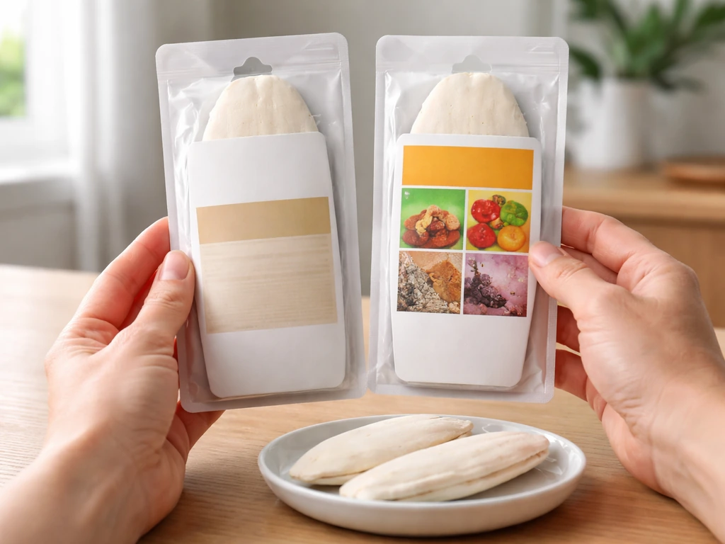 Close-up of two cuttlebone packages side by side with label backs and cuttlebone pieces on a table.