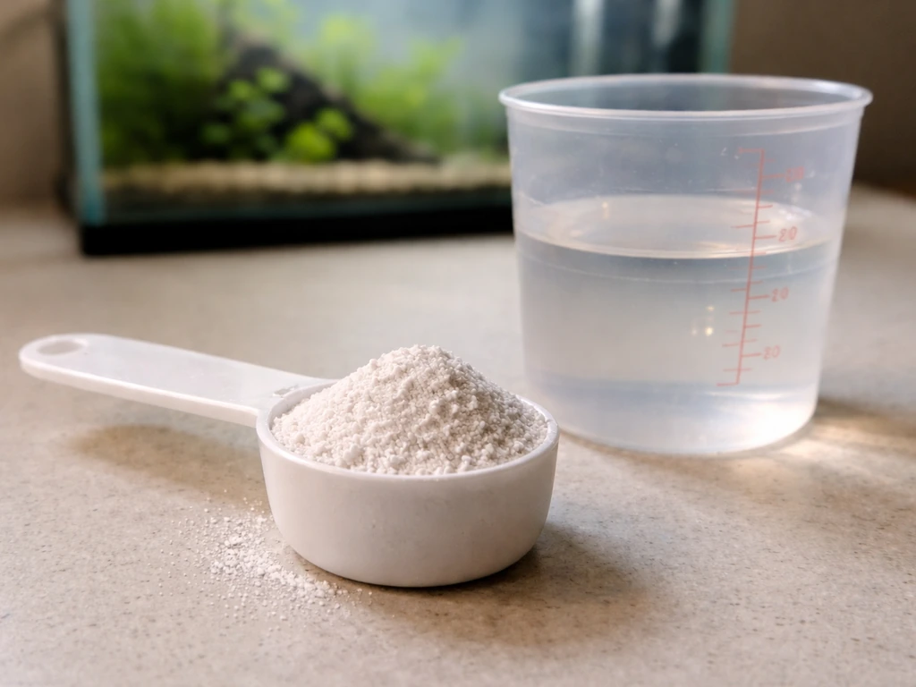 Measuring spoon with white calcium carbonate beside a clear water cup and an aquarium in soft focus.