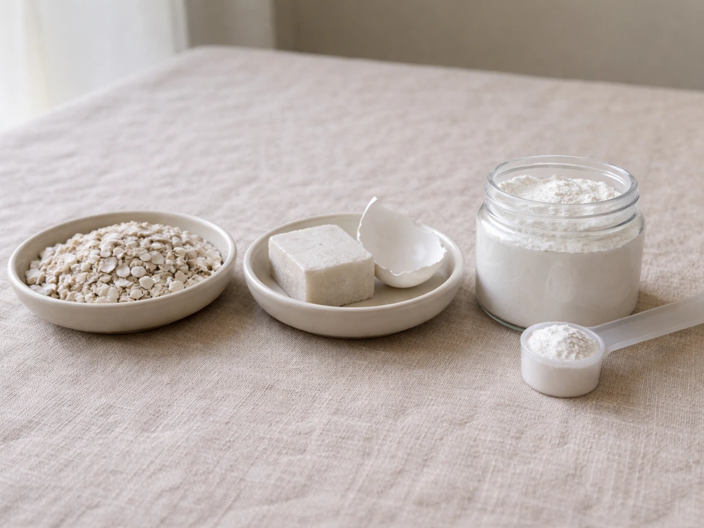 Three plain calcium alternatives—oyster shell, egg shell/mineral block, and powder with scoop—on a tabletop
