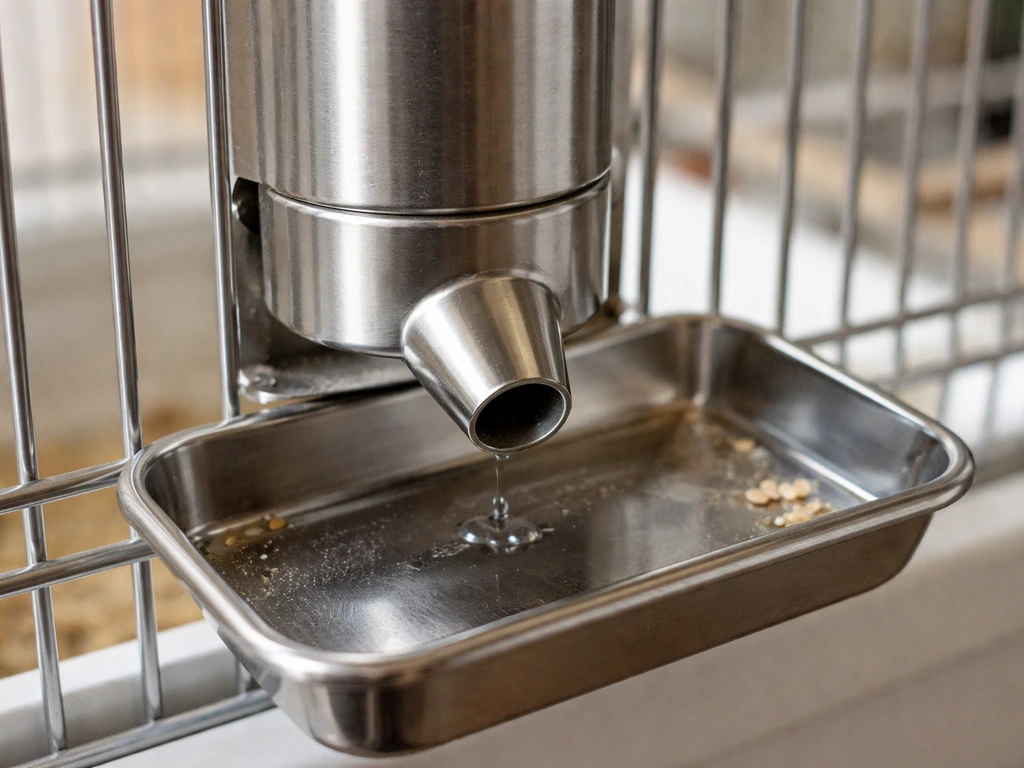 Close-up of a stainless steel gravity-fed tube feeder spout and drip tray next to a bird cage.