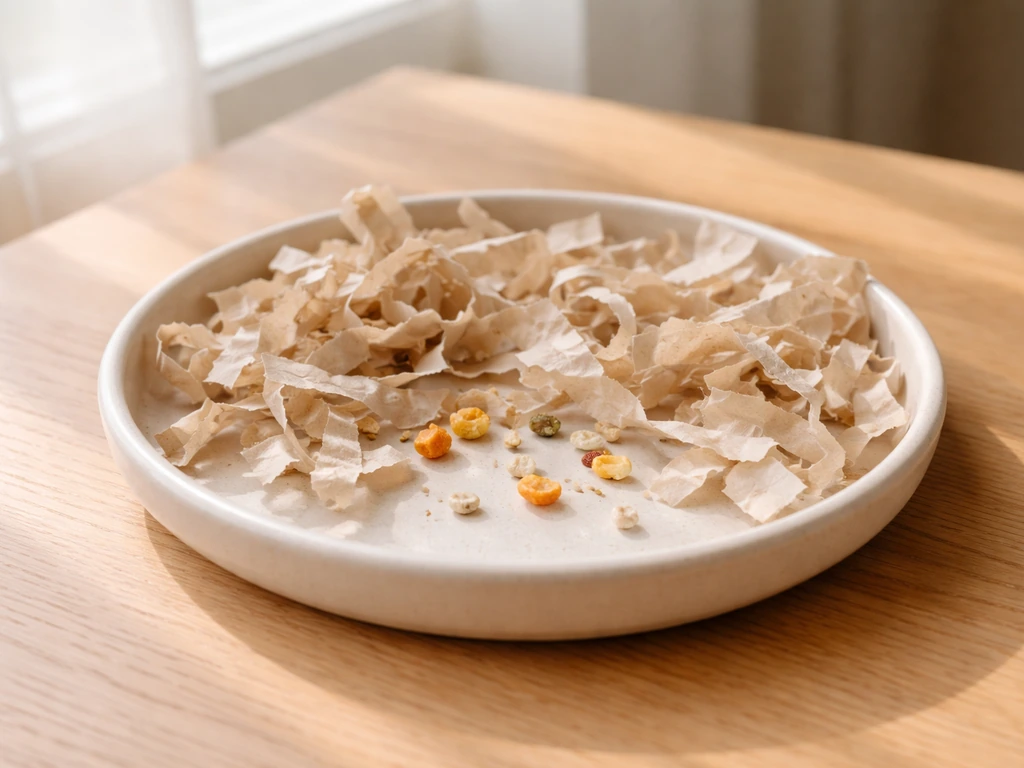Small DIY bird foraging tray with untreated paper strips and tiny treat pieces, set on a simple tabletop.