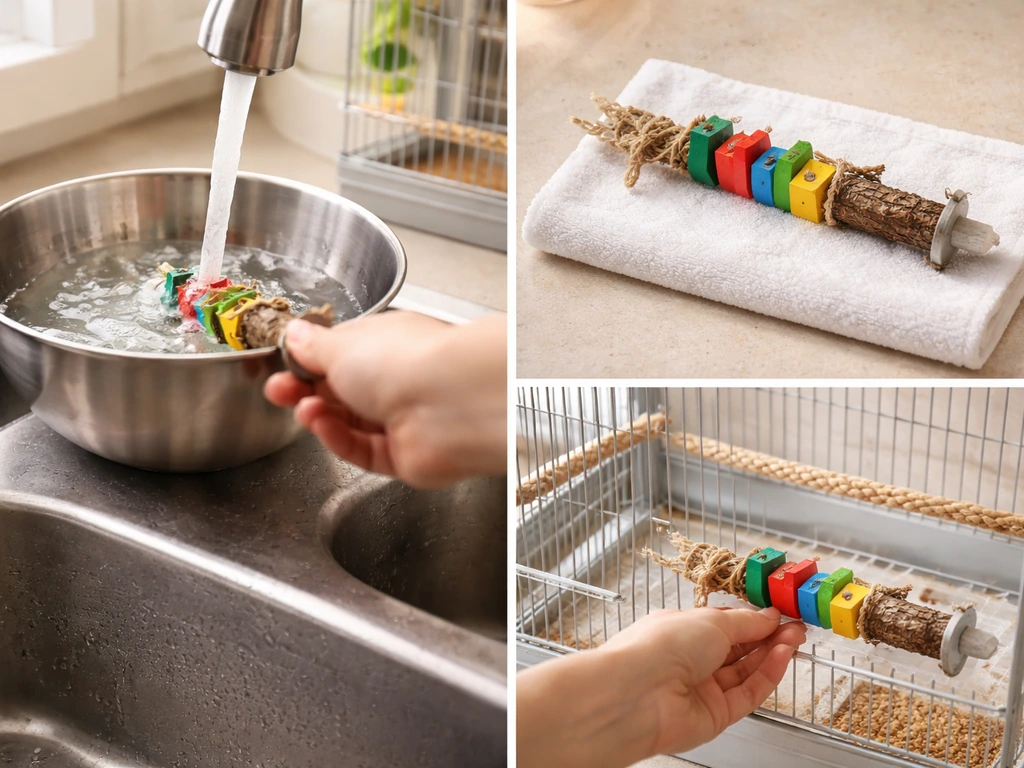 A birdcage accessory being rinsed in hot soapy water and placed in the cage side area to acclimate.