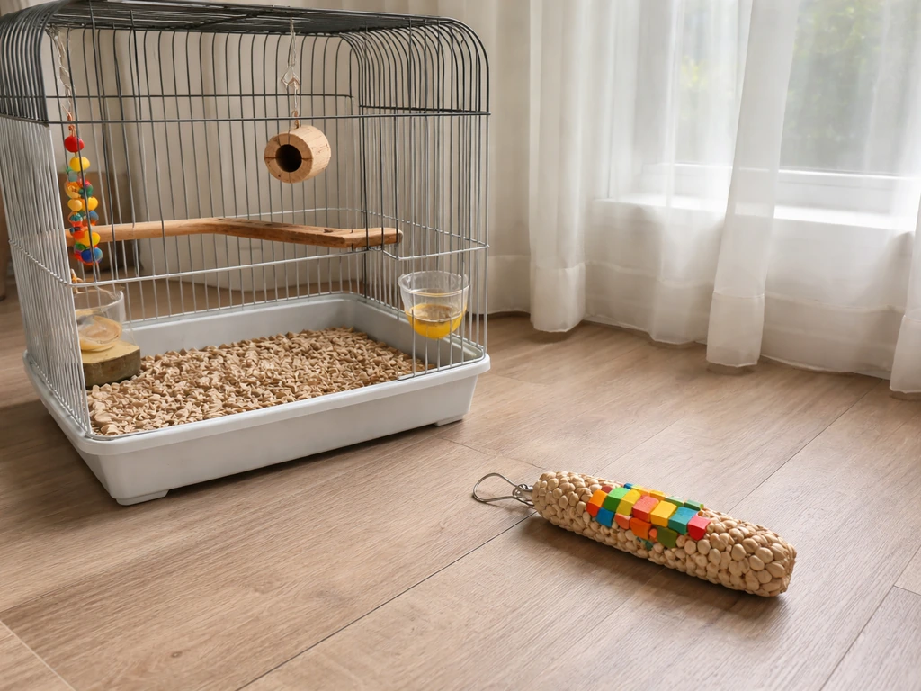 Empty bird cage beside a single safe foraging toy/perch in a calm, natural-lit room.