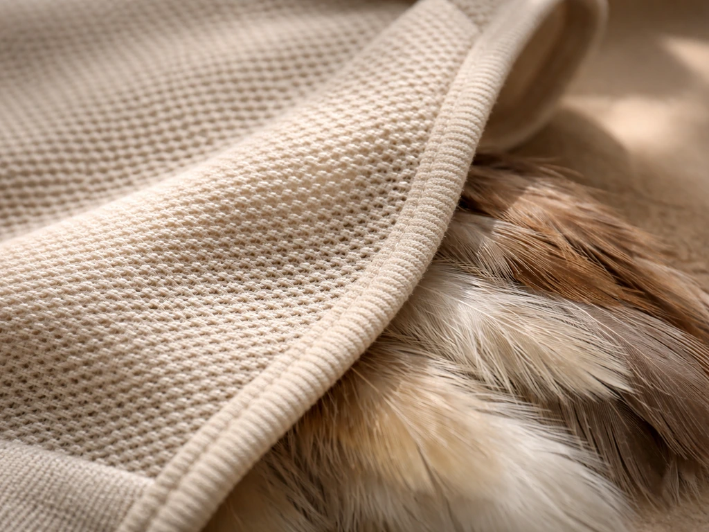 Close-up of breathable cotton-mesh bird vest fabric resting on soft feathers.