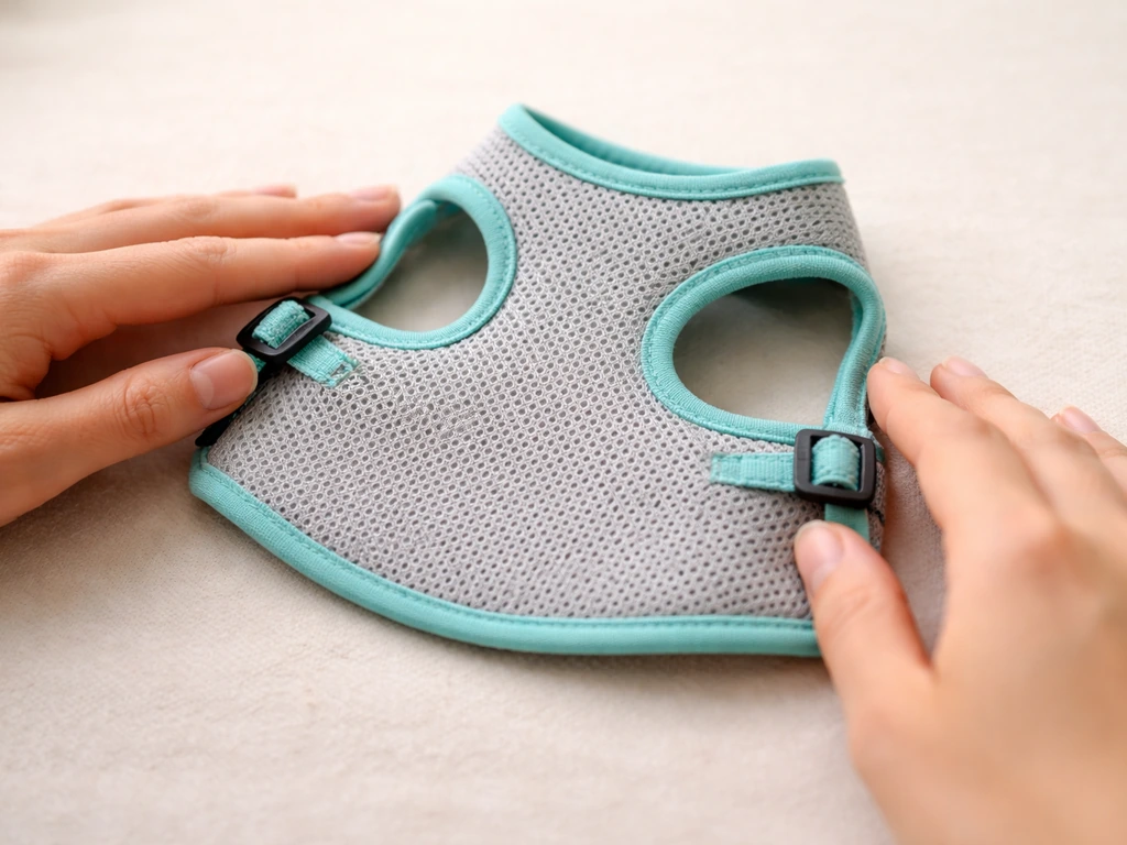 Close-up of a small bird vest laid flat on a hand, showing smooth fit around neck and armpits.