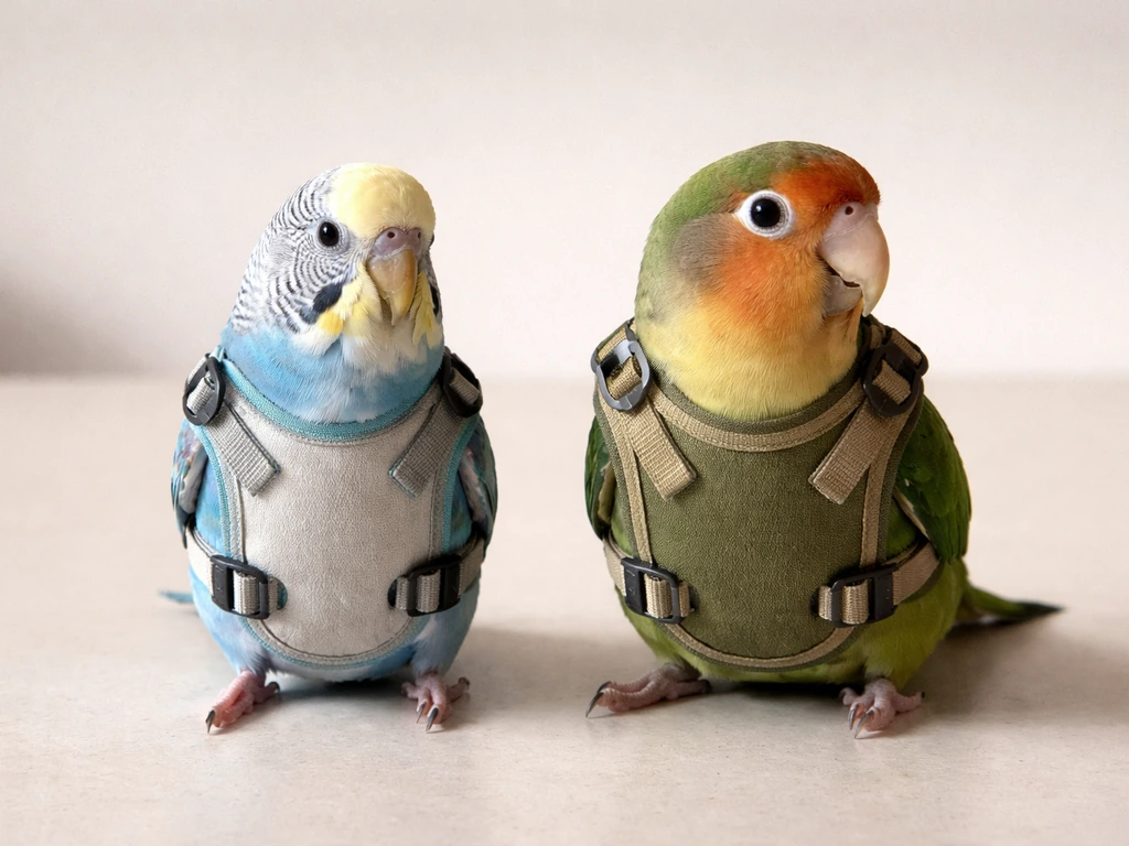 Two small parrots in sized bird vests: one snug on a budgie, one slightly roomier, on a clean table.