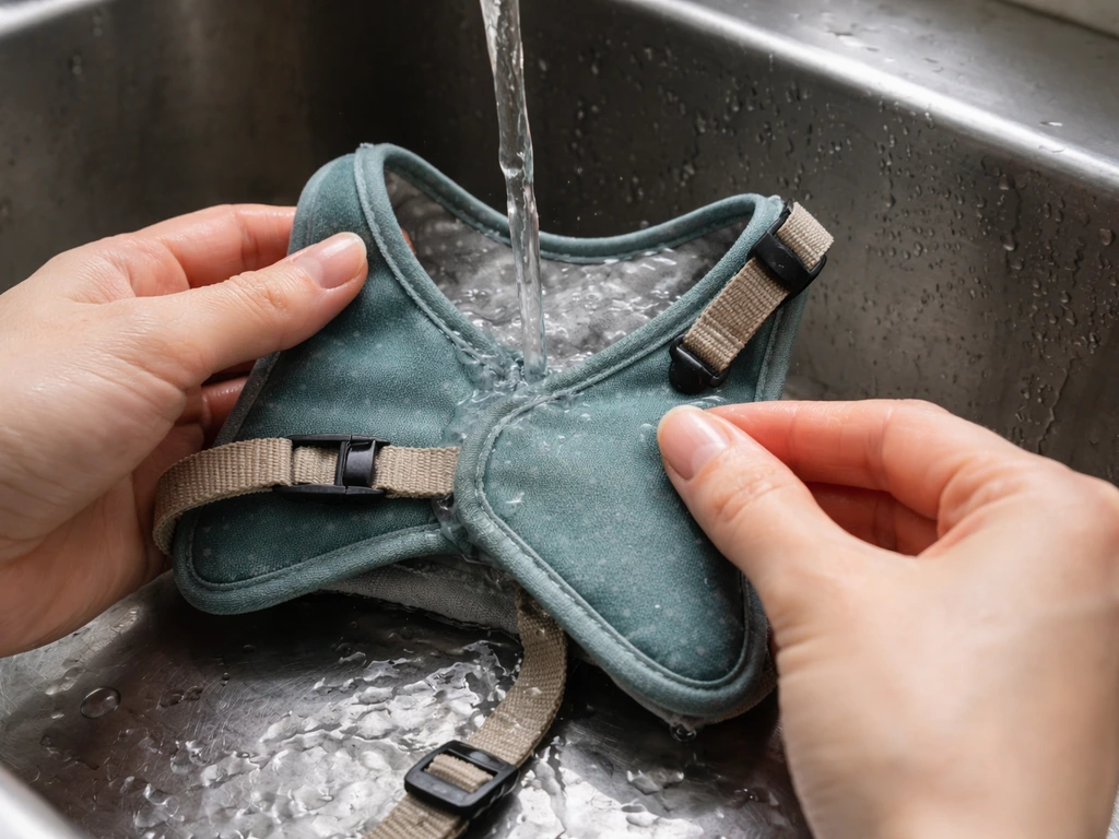 Close-up of a clean bird vest being rinsed and inspected for loose seams and fraying threads.
