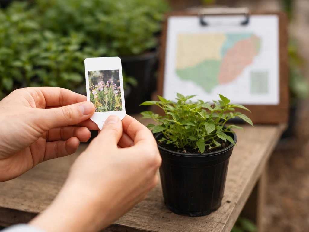 Hands examining a plant label beside potted plants in a garden center, with a regional map blurred behind.