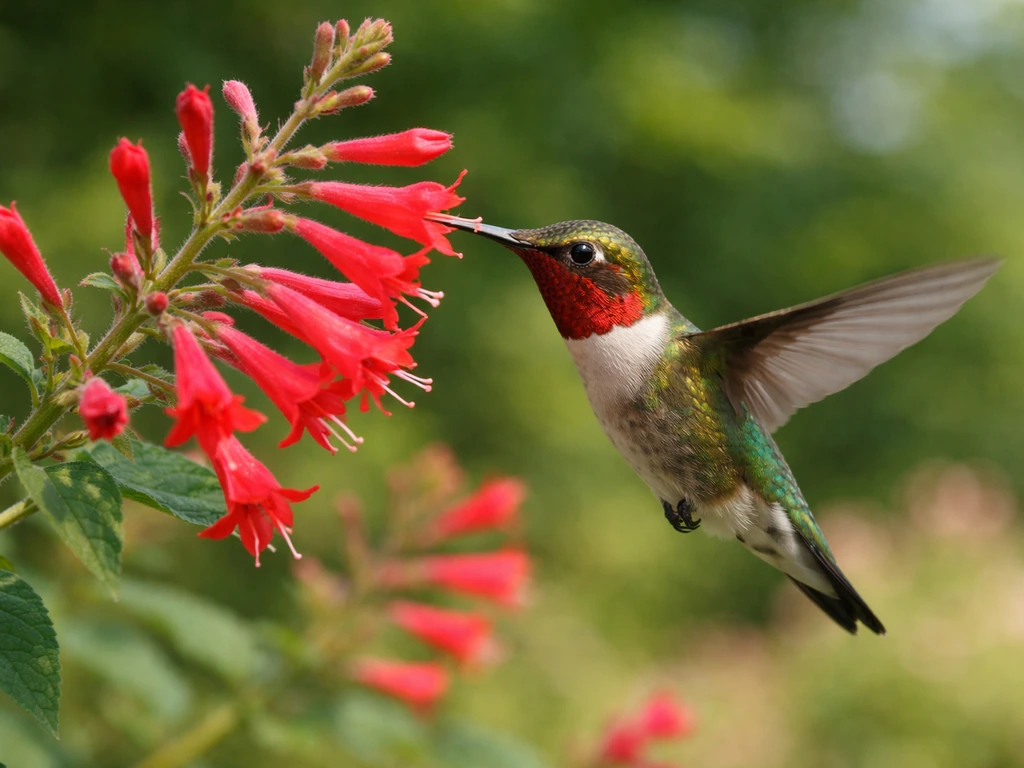 A hummingbird hovering and feeding from red tubular nectar flowers in a simple garden.