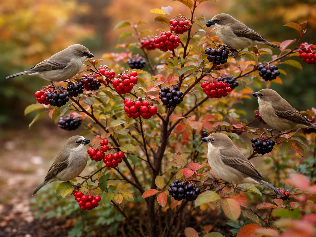 Small berrying shrub with birds perched on branches, ripe fruit visible in a simple autumn garden scene.