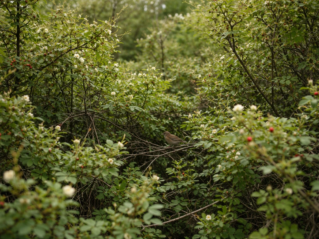 Dense thorny shrubs with a small bird perched, showing layered shelter and hiding spots.