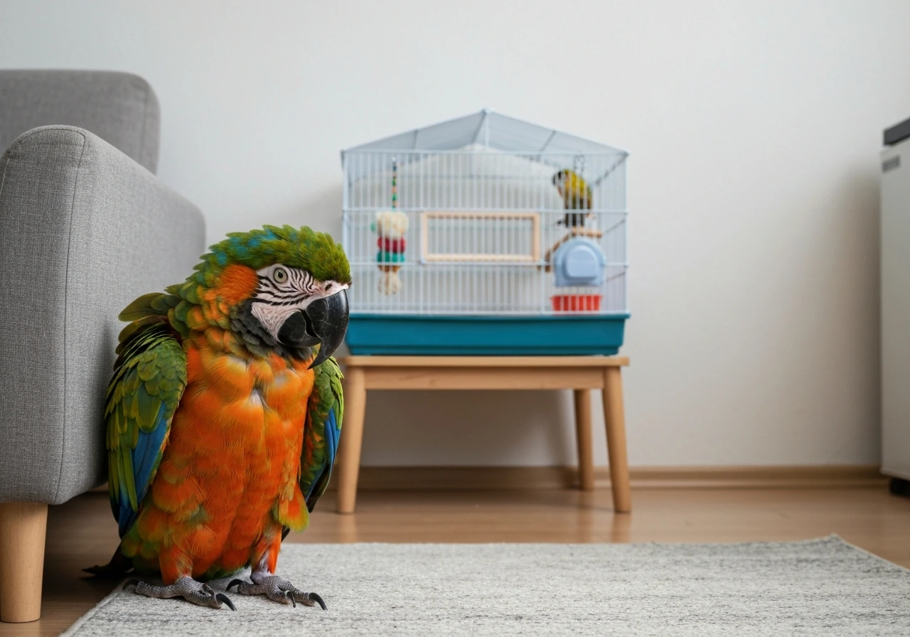 Large colorful parrot-feather silhouette in a small apartment corner facing a calm, small bird cage setup