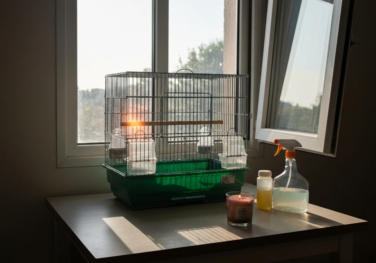 Birdcage on a kitchen table near a sunlit window with drafty light and unsafe household items nearby.