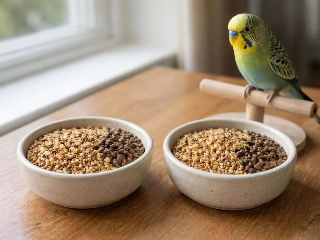 Two small bowls showing an 80/20 seed-to-pellet mix with a bird nearby during transition.