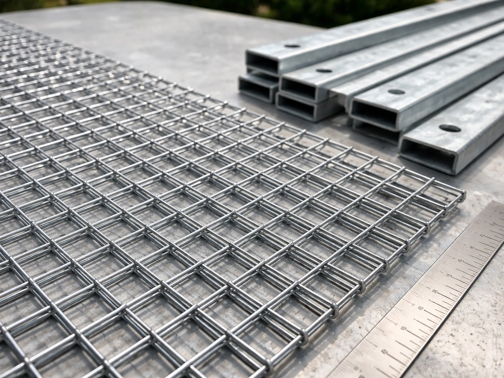 Close-up of galvanized-after-welding mesh and bars on a workbench, highlighting tight spacing.