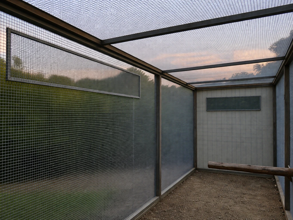 Outdoor aviary showing offset screened intake and exhaust openings for cross-airflow without direct drafts.