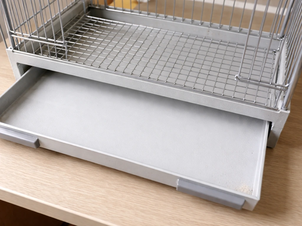 Cleaned slide-out tray pulled from a pet cage, showing accessible bottom area with buildup removed.