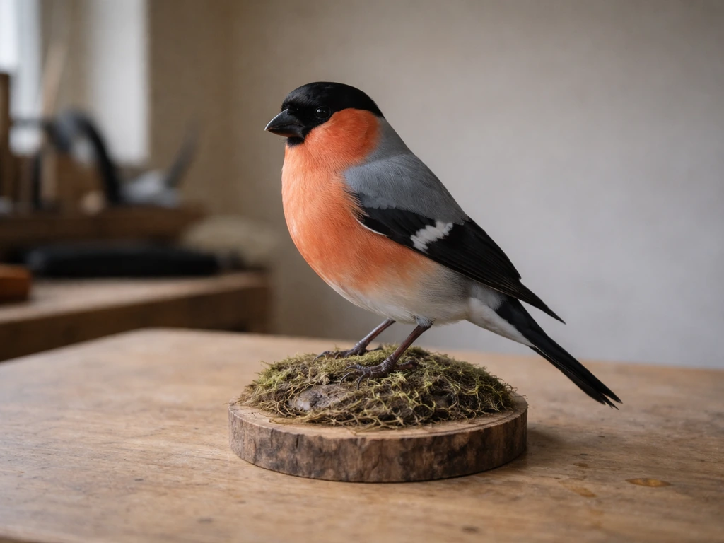 Realistic taxidermy bird specimen displayed on a simple table under natural light.