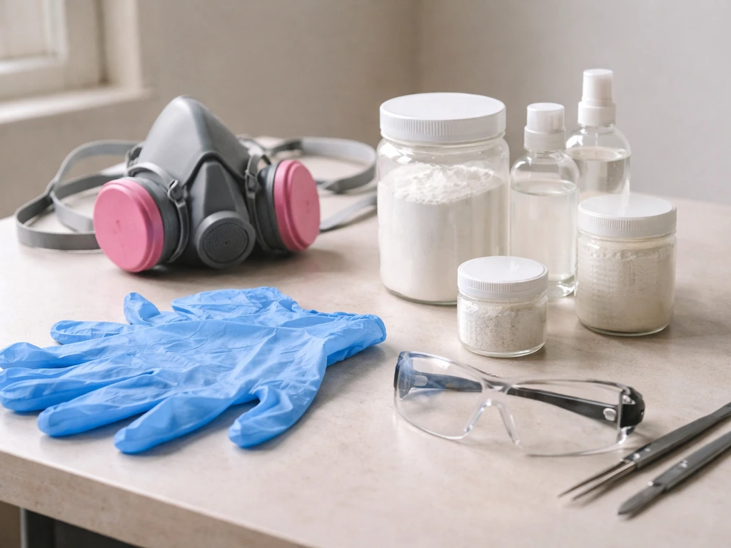 Gloves, mask, eye protection, and borax-like preservative supplies laid on a clean work surface