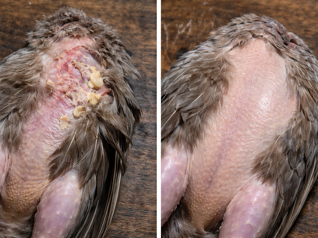 Split view of a feathered pelt: torn follicles and excess fat versus clean, well-handled feathers and skin