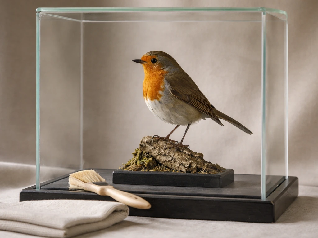 Finished bird mount in a glass display case with a soft brush and cloth nearby for gentle cleaning and storage.