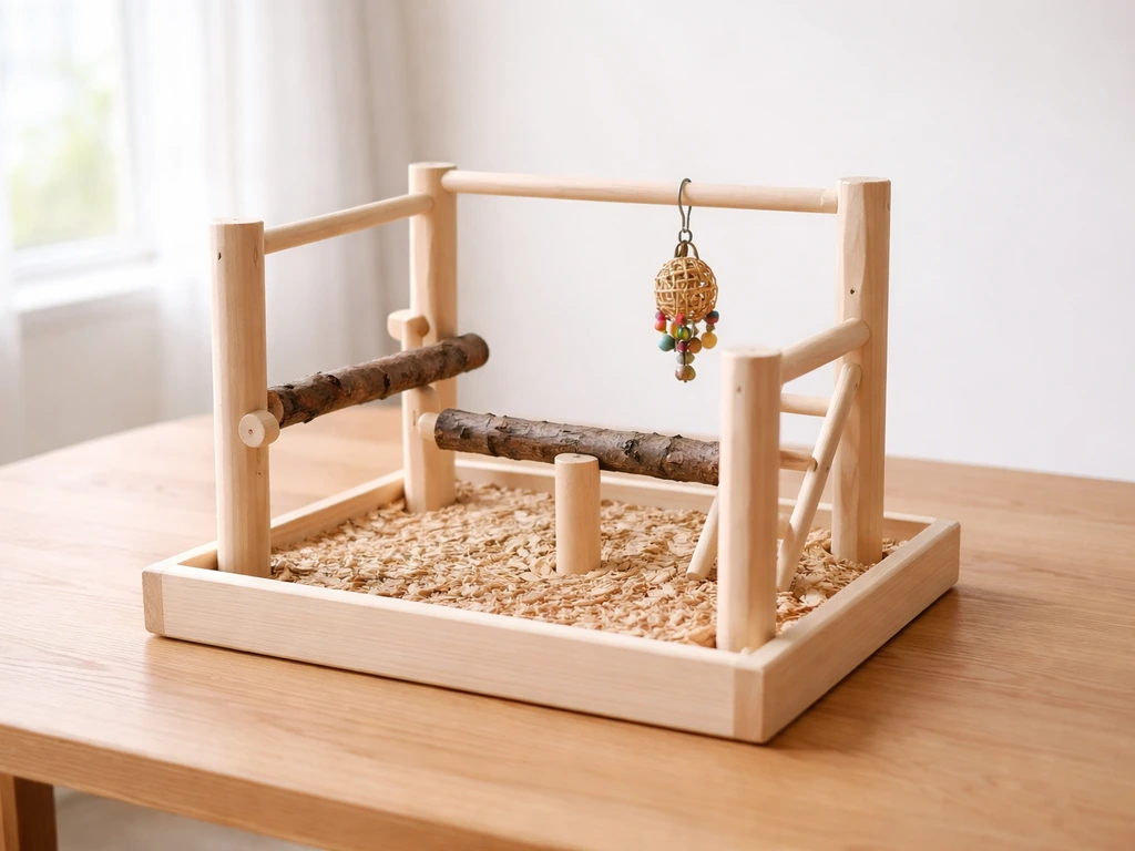 Tabletop bird play gym centered on a wooden table with visible, safe perch layout from a side view.