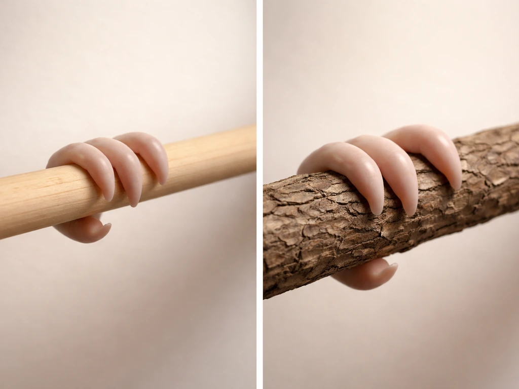 Close-up of two bird perches—one thin smooth dowel and one thicker textured perch—for toe grip comparison.